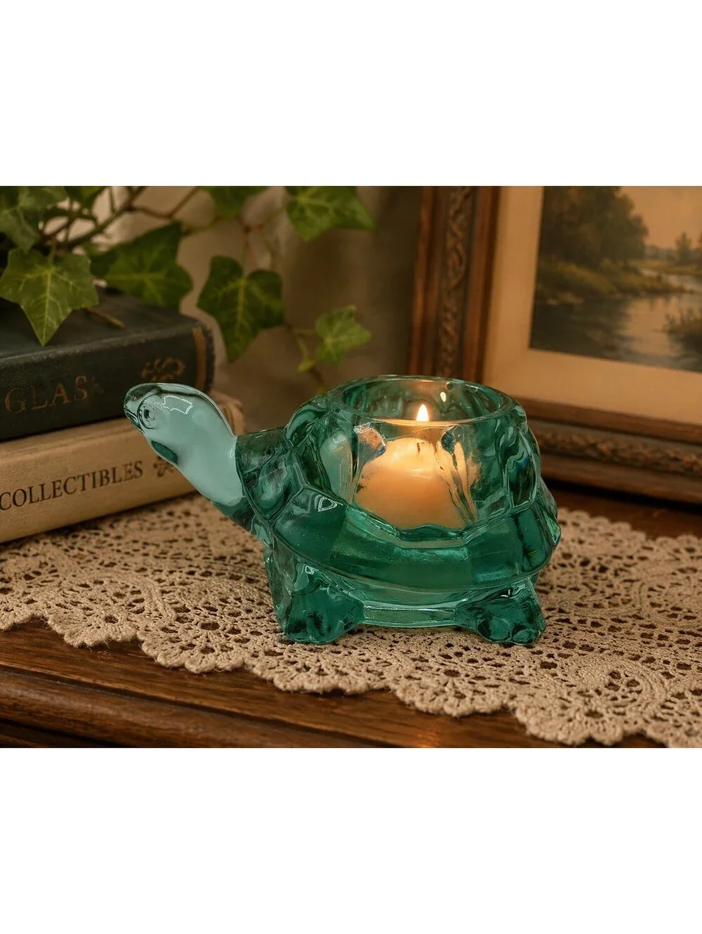 Vintage Indiana Glass Turtle Votive Candle Holder Spanish Green #12144